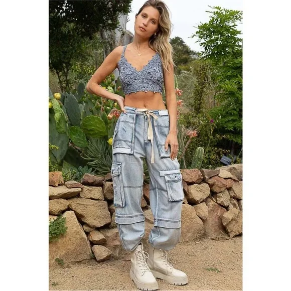 POL Multi Cargo Pocket Drawstring Waist Baggy Denim Joggers Women’s Large - Picture 15 of 15
